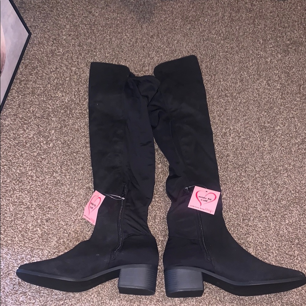 Rouge Black Over the Knee Boots with Textured Fabric